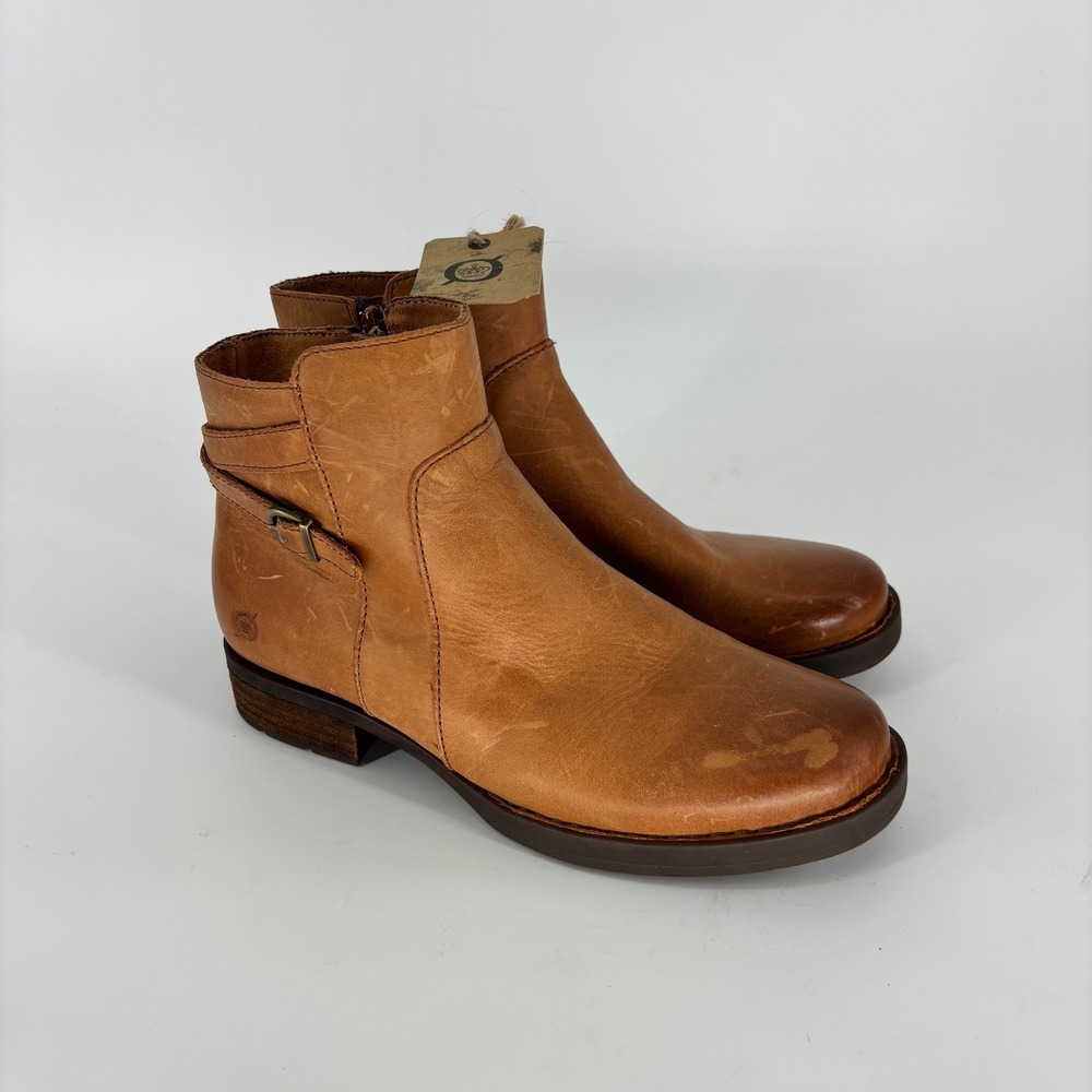 Born Carney Side Zip Ankle Boot Tan Brown Women Size 8 Leather Distressed Buckle